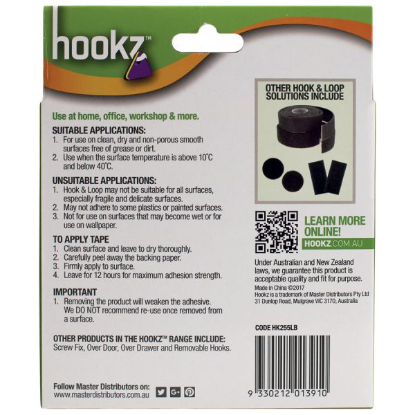 Hookz Hook & Loop Loop Tape 5m Roll